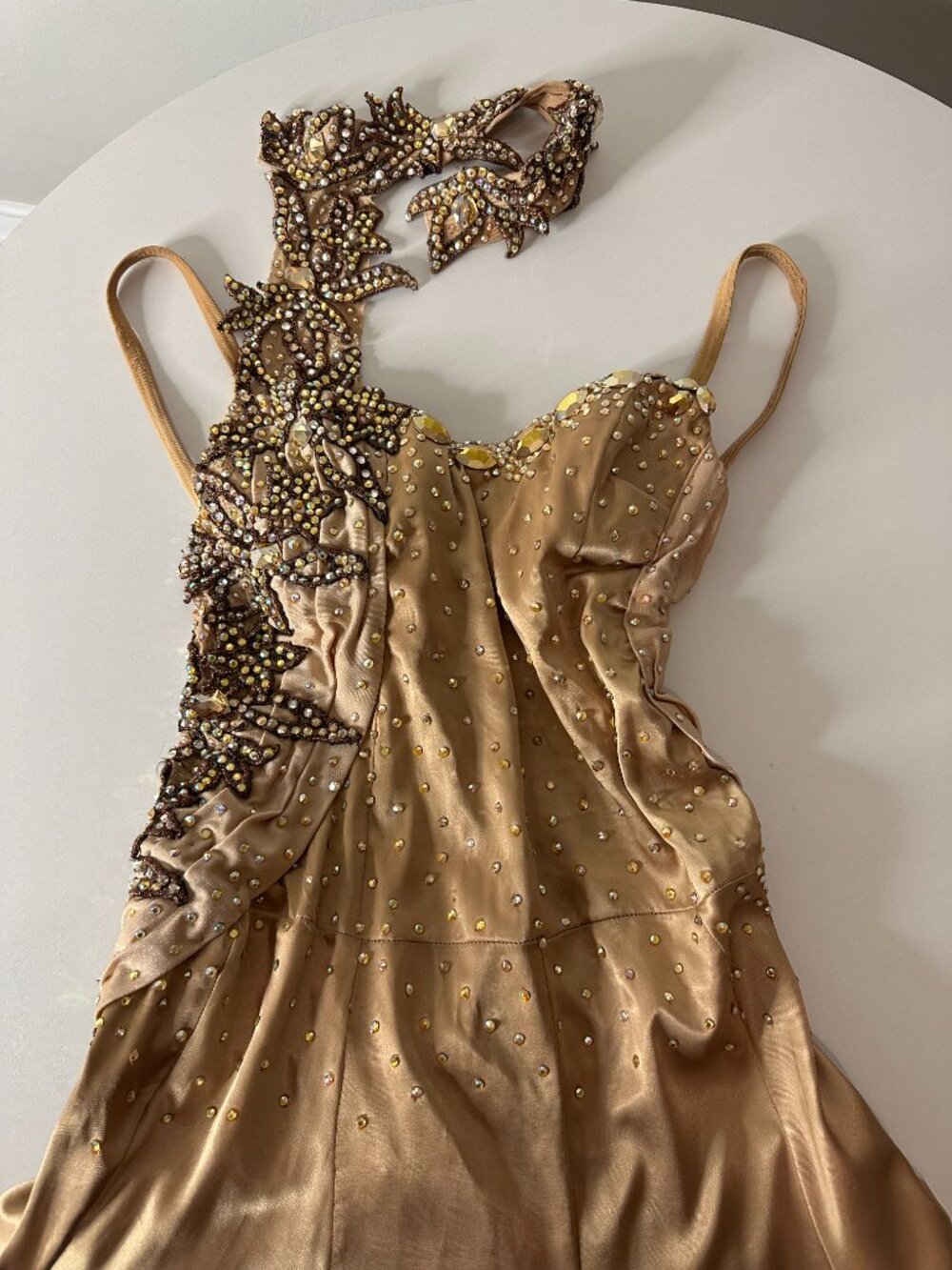 Liquid Gold Gala Evening Gown, Beaded Formal Maxi Dress XS/S, Black Tie Event - Picture 3 of 16